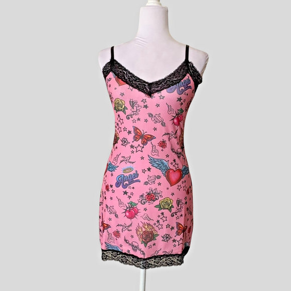 Dolls Kill Dresses & Skirts - Dolls Kill Delias Tattoo Print Lace Trim Mini Slip Dress